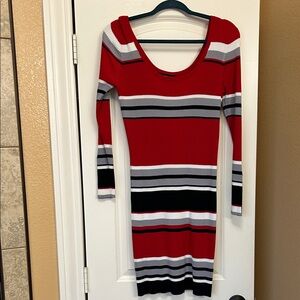 Derek Heart Red, White, Gray and Black Striped Long Sleeve Sweater Dress